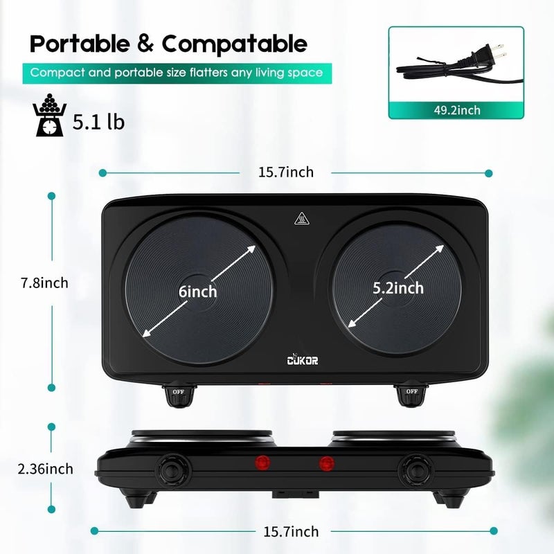 CUKOR Double Cast Iron 2 Burner, 1800W Countertop Burner, Dual Electric Stove Burners, Portable Double Burner for Cooking - Image 3